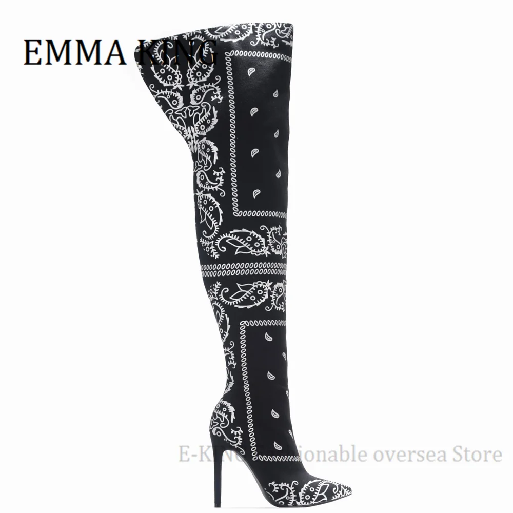 Bandana Prints Women Thigh High Boots Bad Girl Heels Over The Knee Boots Pointy Toe Silk Stiletto Botas Altas Mujer Size 35-44