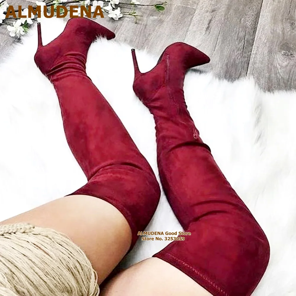 

ALMUDENA Wine Red Suede Over The Knee Boots Women Thin High Heel Pointed Toe Thigh High Boots Burgundy Zipped Fall Winter Shoes