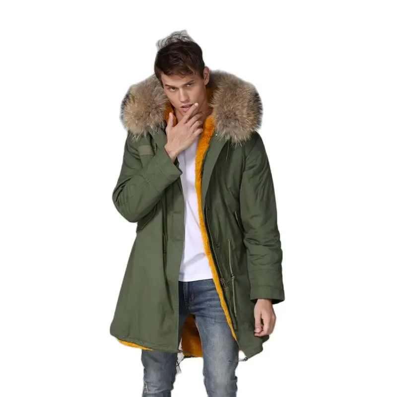 Yellow Thickness Faux Fur Lined Mens Casual Winter Warmbody Wear With Natural Raccoon Fur Hoodies