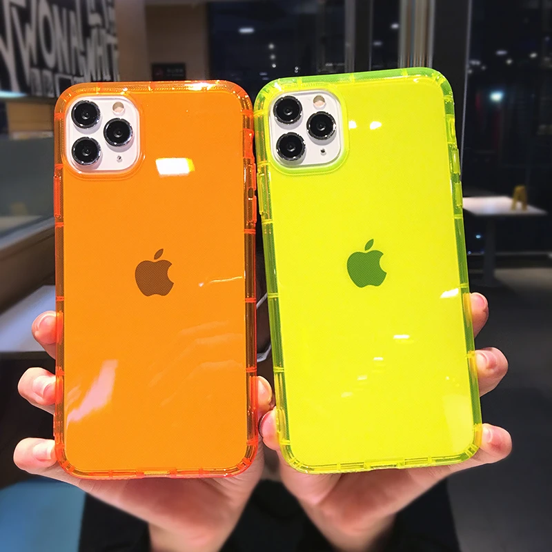 Fluorescent Color Transparent Phone Case For iPhone 11 12 13 14 15 16 Pro Max X XS XR 7 8 Plus Clear Silicone Shockproof Cover