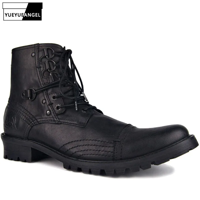 Punk Style Genuine Leather Lace Up Mens Cowboy Boots Handmade Casual Black Blue Working Riding Botas Hombre High Top Shoes