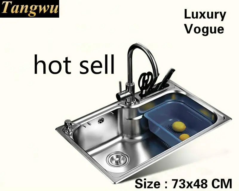 

Free shipping Home wash vegetables large kitchen single trough sink multifunction 304 stainless steel 730x480 MM