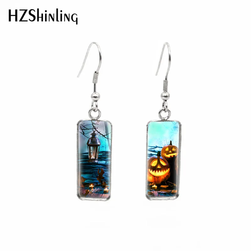 2020 New Happy Halloween Rectangular Earring Pumpkins Cat Earrings Glass Cabochon Fish Hook Earring Jewelry Gifts