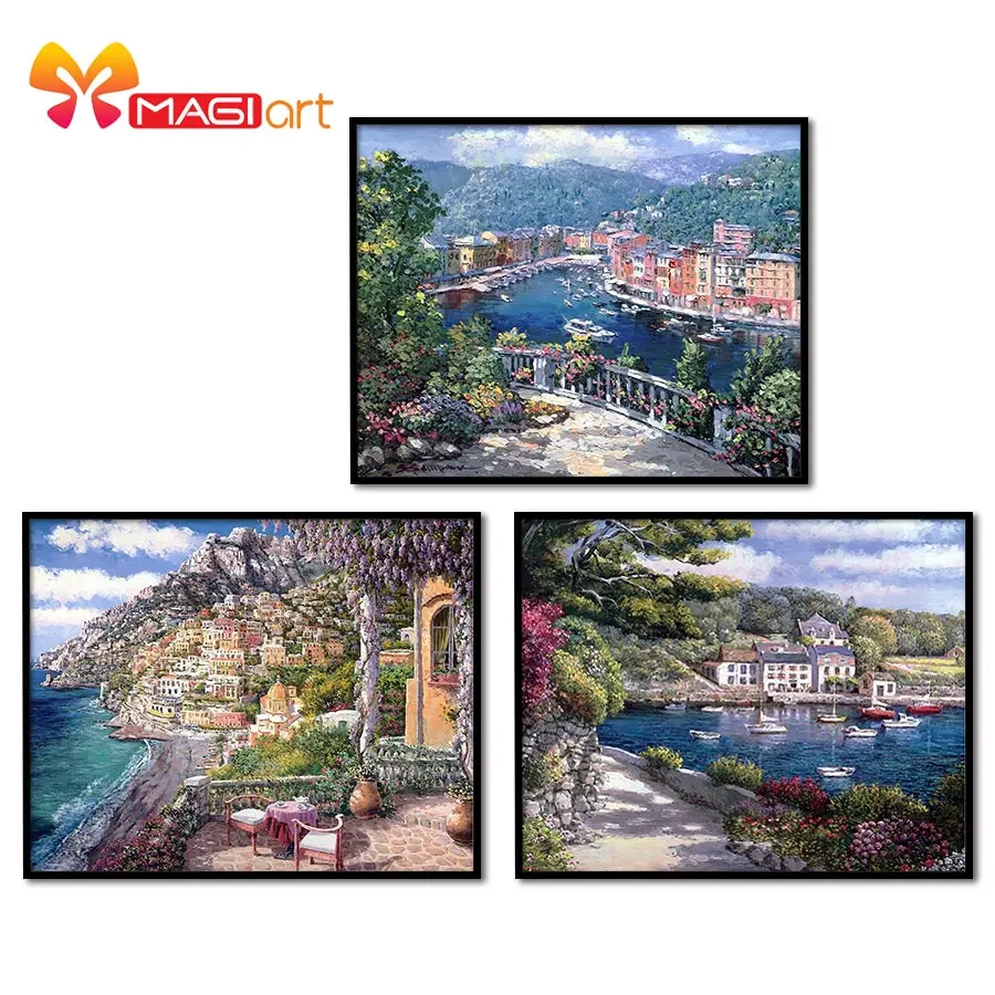 Cross stitch kits Embroidery needlework sets 11CT water soluble canvas patterns 14CT Oil painting A Charming Town-NCMS036