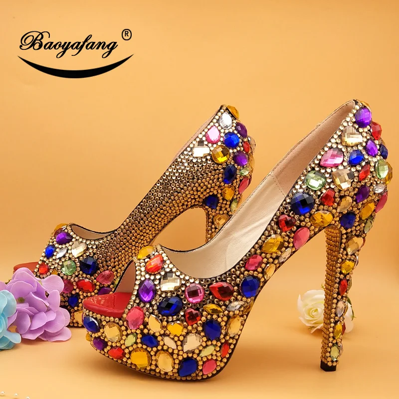 BaoYaFang High Heeled Open Toe Multicolored Crystal wedding shoes Woman High heels Platform shoes and bags set Thin High Pumps