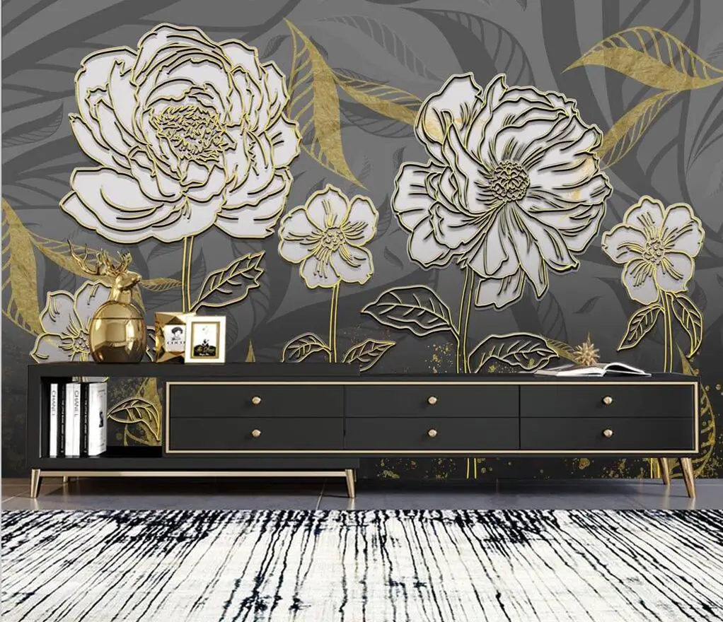 

Beibehang Custom Photo Wallpaper Hand Painted Floral golden embossed lines Wall Mural Living Room Home Decor Painting wallpaper