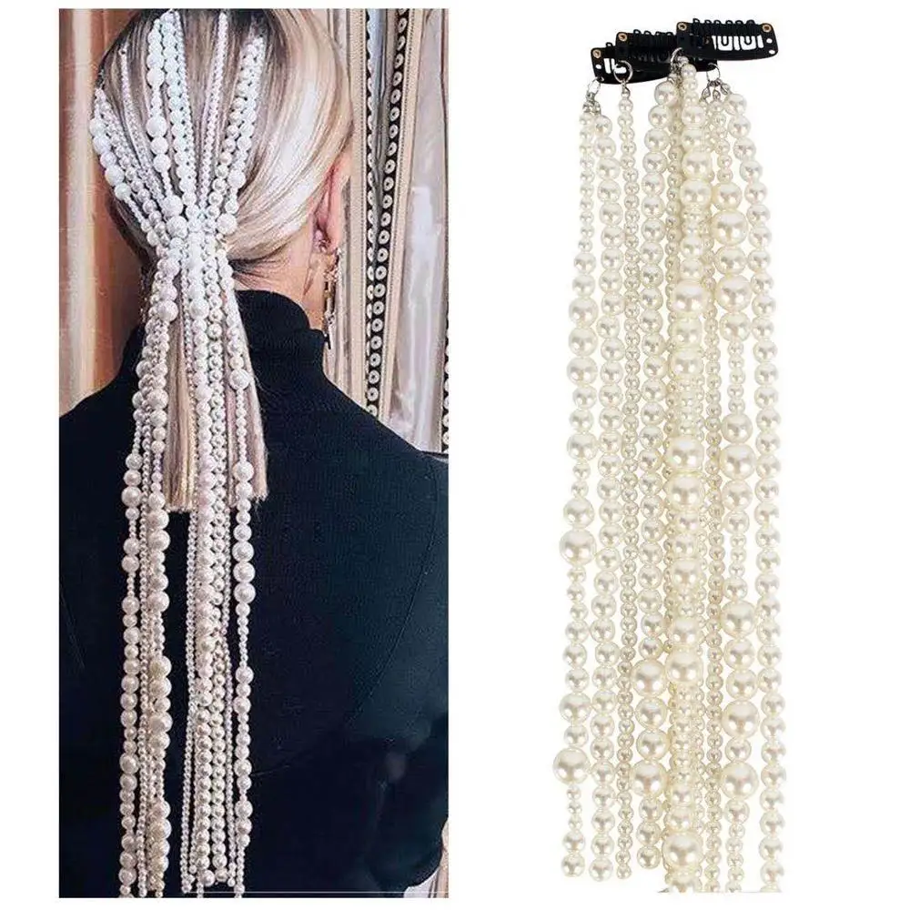 Fashion trend pearl tassel wig chain hip hop rap singer pearl hair chain bride wedding hairpin ladies party accessories