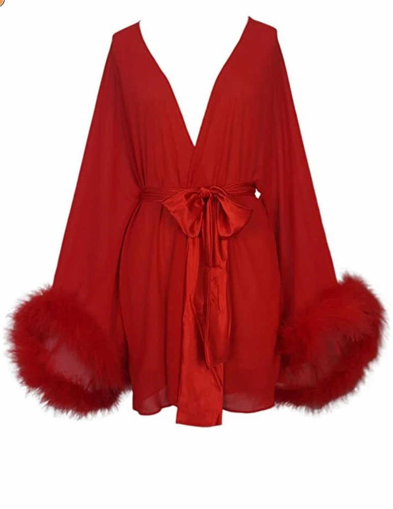 Short Women Bathrobe Custom Made Sleepwear Chiffon with Fur Nightgown Many Colors On Sale Robe De Mariée