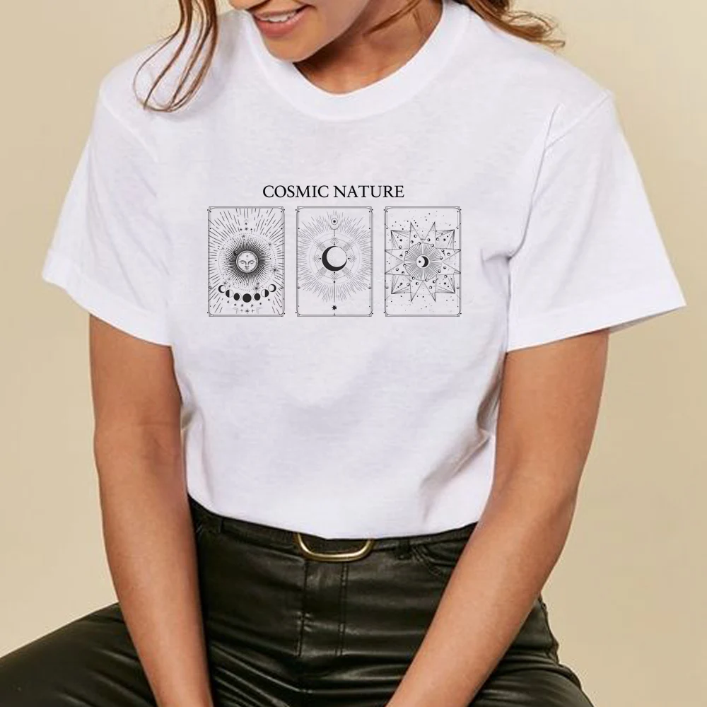 Cosmic Nature Vintage Female T-Shirt Women Boho Style Casual Loose Graphic Tees Tops Sun Moon Aesthetic Clothes Streetwear