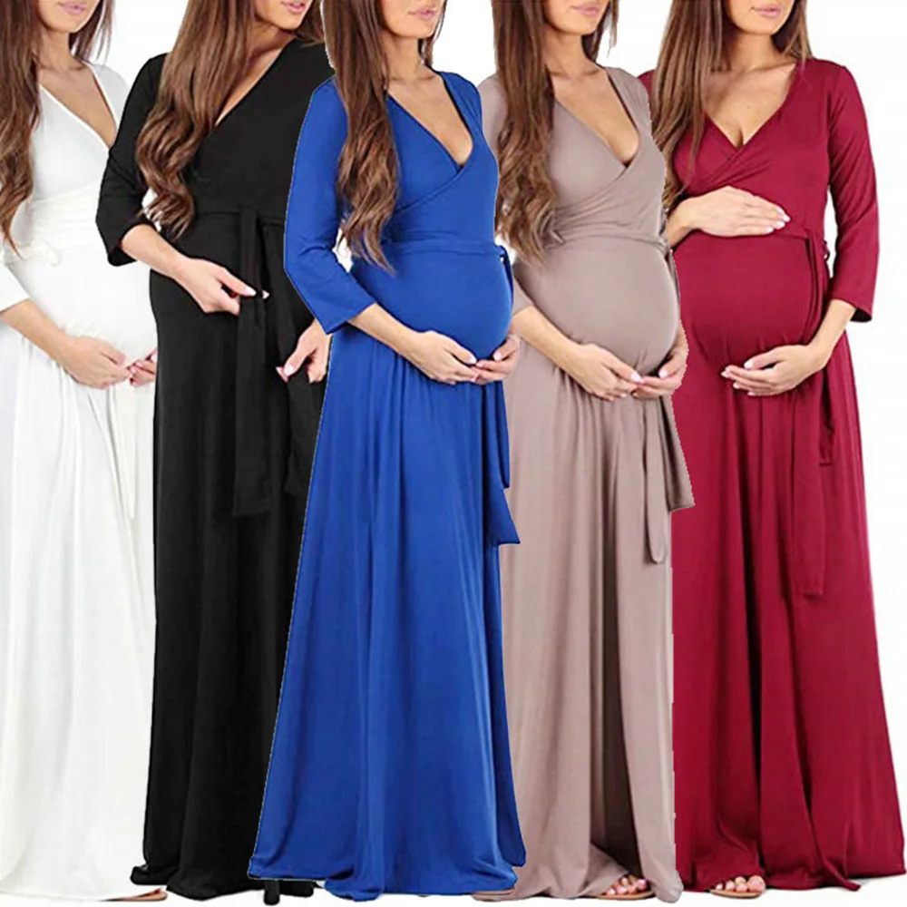 

Long Belt Solid V-neck Pregnancy Dress Mother Wear Clothing Bottoming Dresses Maternity Clothes For Pregnant Women Dress