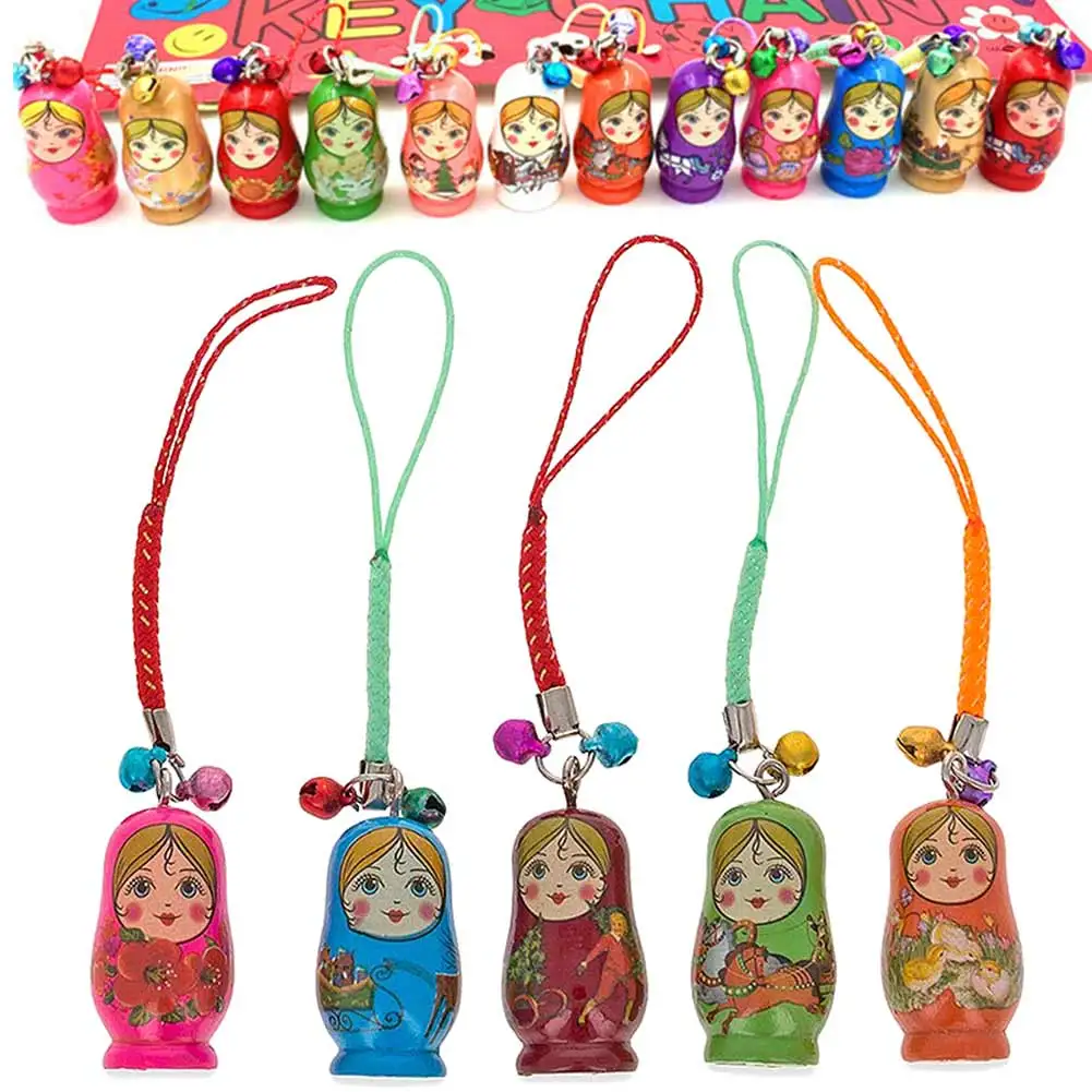 2/12pcs Fashion Jewelry Drip Charm Key Chains Wood Matryoshka Russian Dolls Key Rings Keychains Decorative Gifts