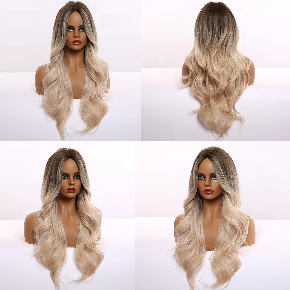 TINY LANA Synthetic Long Wavy Wig Ombre Brown Platinum Blonde Middle Part Wigs for Women Body Wave Heat Resistant Natural Hair