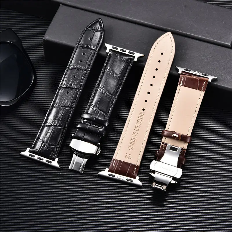 Embossed Leather Watch Straps for Apple Watch 8 7 6 5 4 3 SE Butterfly Buckle Bracelet 45mm 44mm 42mm 41mm 40mm 38mm Watchbands