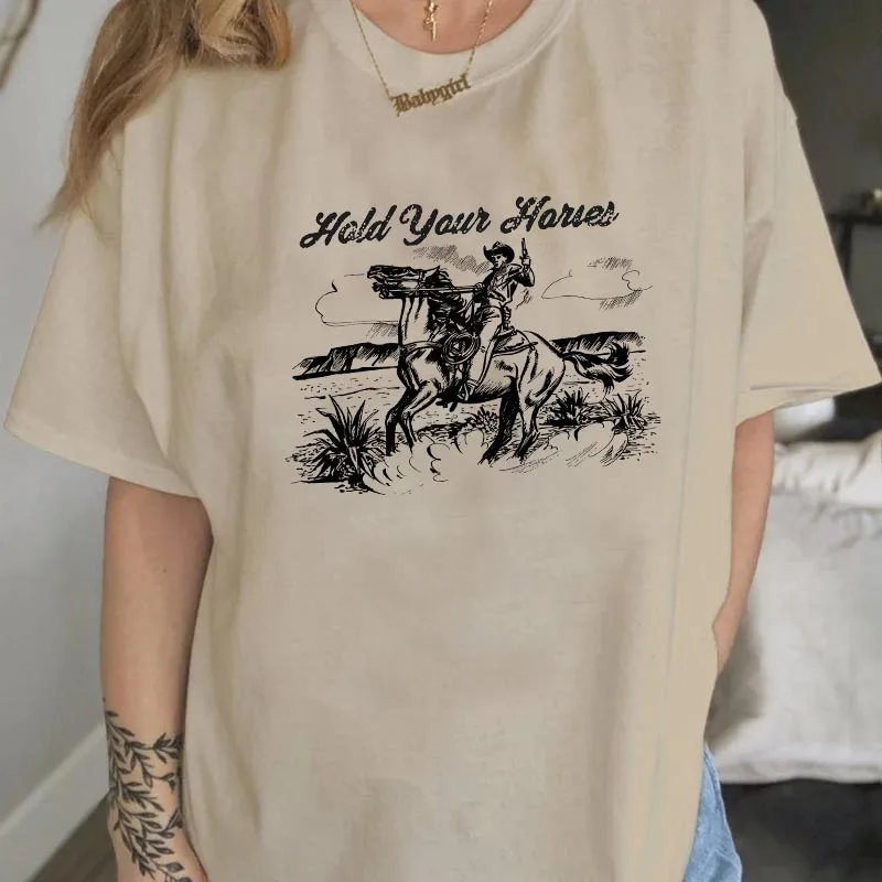 kuakuayu HJN Hold Your Horses Cowgirl Shirt Cotton Western Cowboy Rodeo Tshirt Funny Retro Funny Tees for Horses Lovers