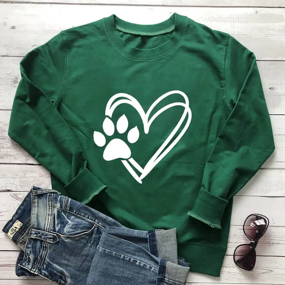 

Heart with Dog Paws Sweatshirt New Arrival Women's Funny Casual 100%Cotton Long Sleeve Tops Dog Lover Life Tops Dog Mom Gift