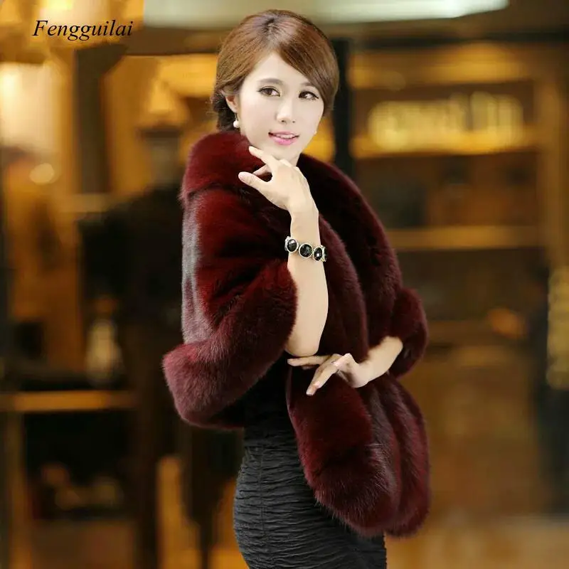 165*55 Cm  Women Fur Shoulder Wrap Burgundy Bridal Shawls Cape White Black Faux Fur Wedding Coat