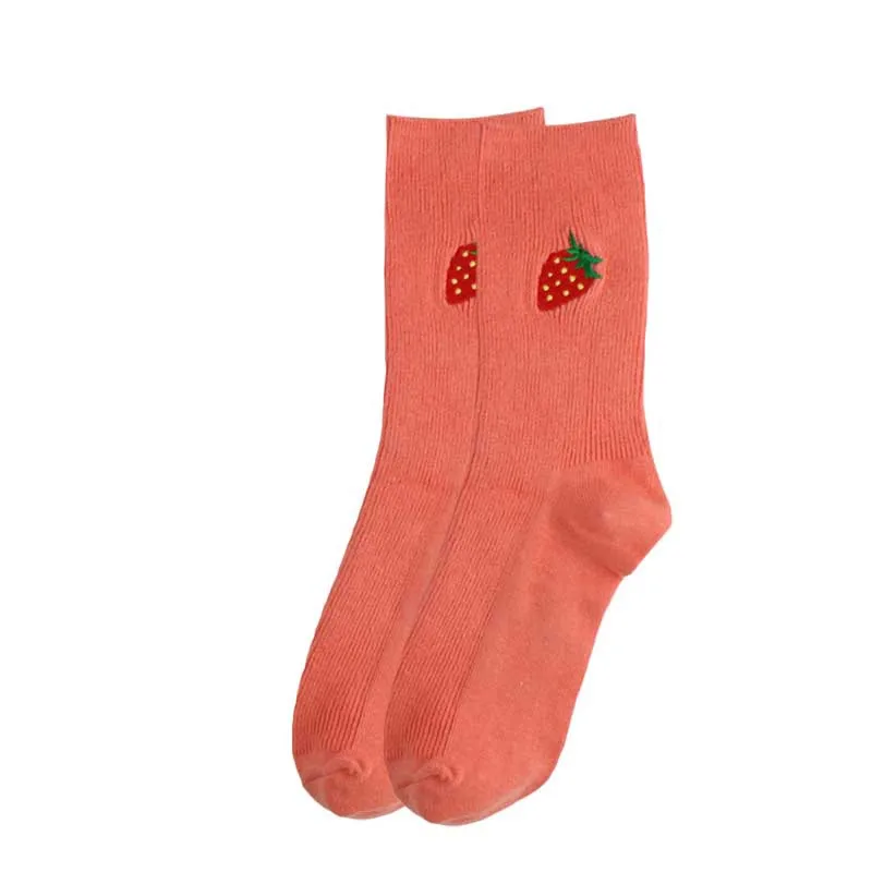 Funny Cute Fruit Embroidery Women Ankle Cotton Socks Banana Avocade Kiwi Apple Harajuku Cherry Warm Yellow Purple Color Retro