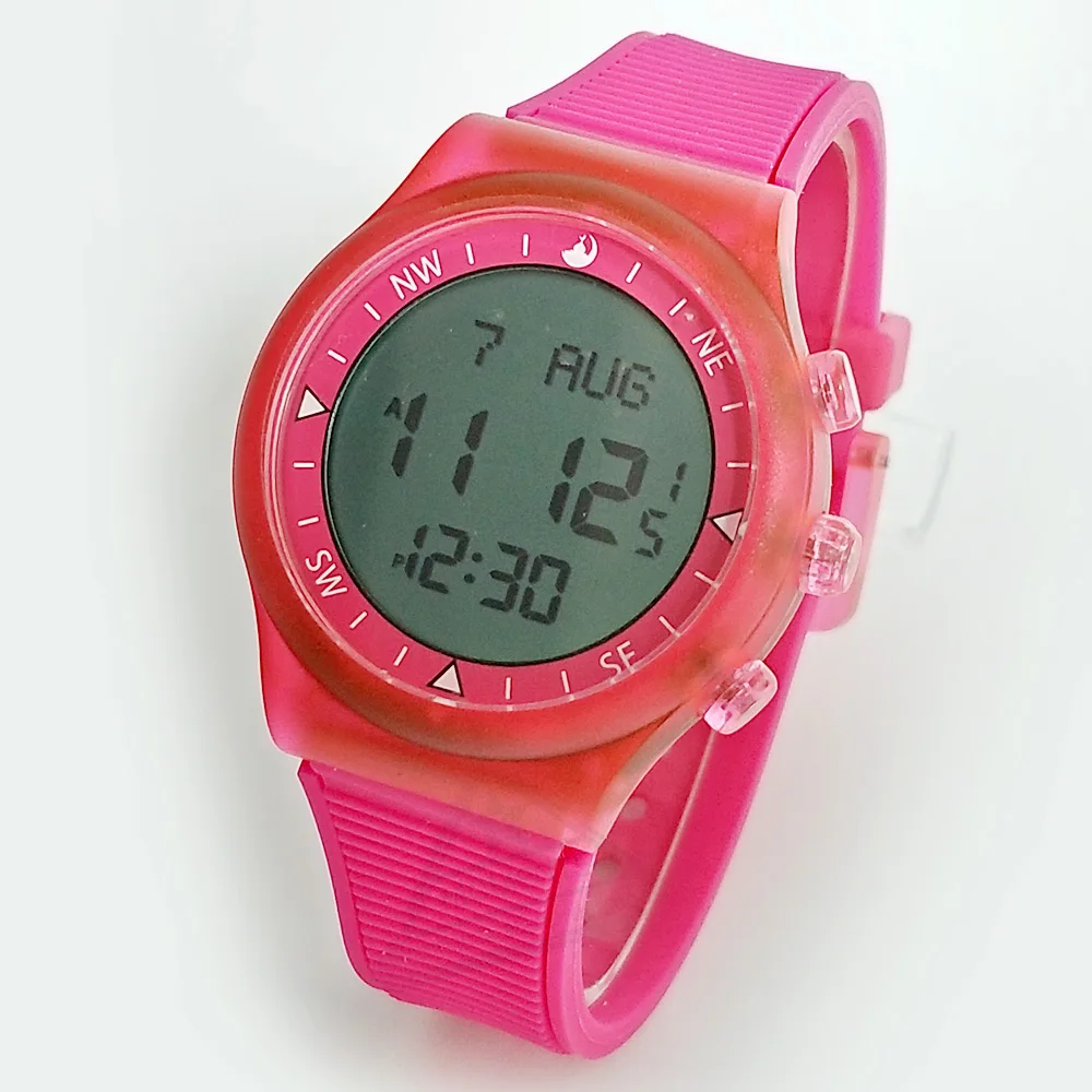 무슬림 스포츠 시계, 네온 컬러, Qibla 방향, 기도 알람 및 알-Harameen Fajr Time 소녀 아잔 시계