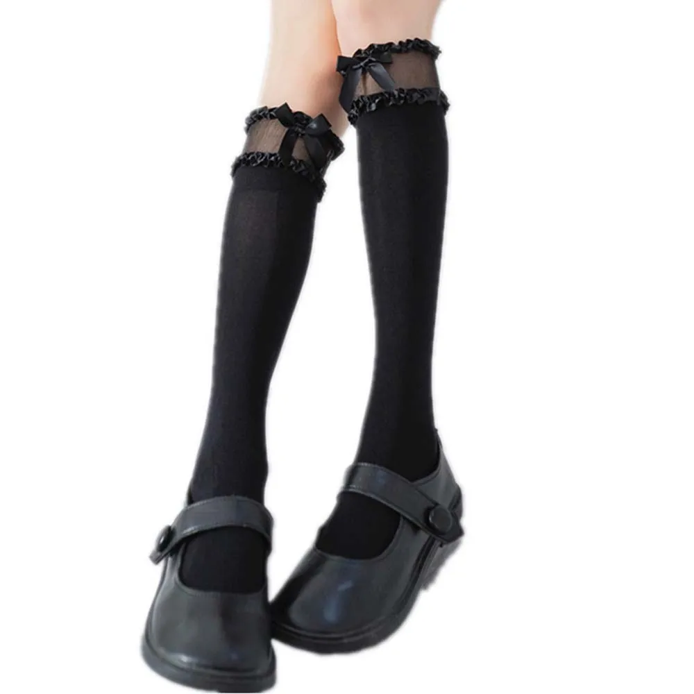 Thin Sexy Velvet Lolita Summer Girl Bow Calf Socks Lace Long Stocking Nylon Hosiery