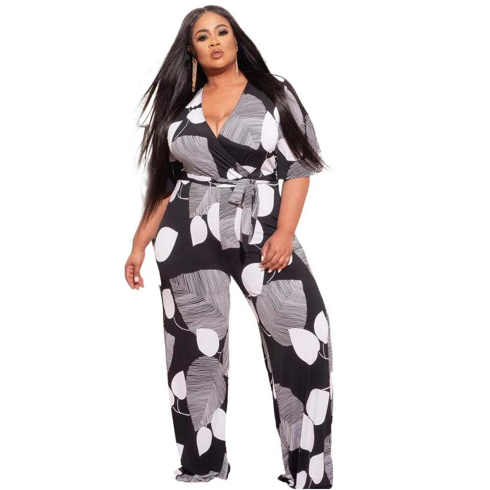 L-4XL Plus Size Vrouwen Kleding Jumpsuit Zomer 2021 Mode Elegant Businessprinted Kant Wijde Pijpen Rompertjes Groothandel Dropshipping