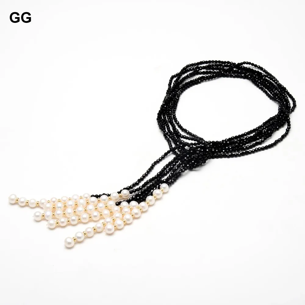 GuaiGuai Jewelry 3 Strands 4mm Natural Faceted Black Onyx White Pearl Lariat Long Sweater Chain Necklace Bracelet Earrings Sets