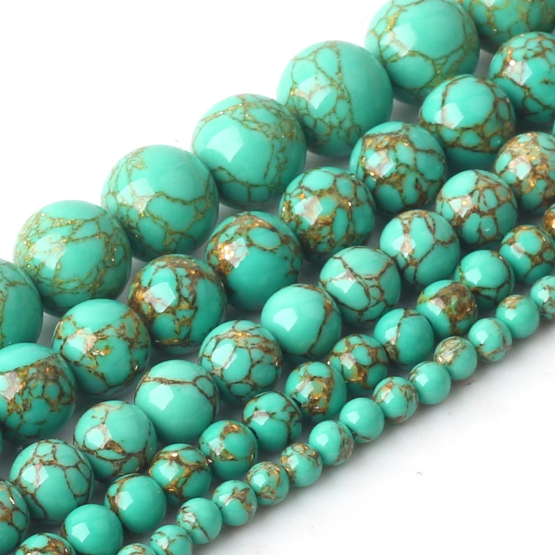 Wholesale Smooth Gold Spinning stripe Green Howlite Mala Round Stone Loose Beads For Jewelry Making Accessories 4 6 8 10 12 mm