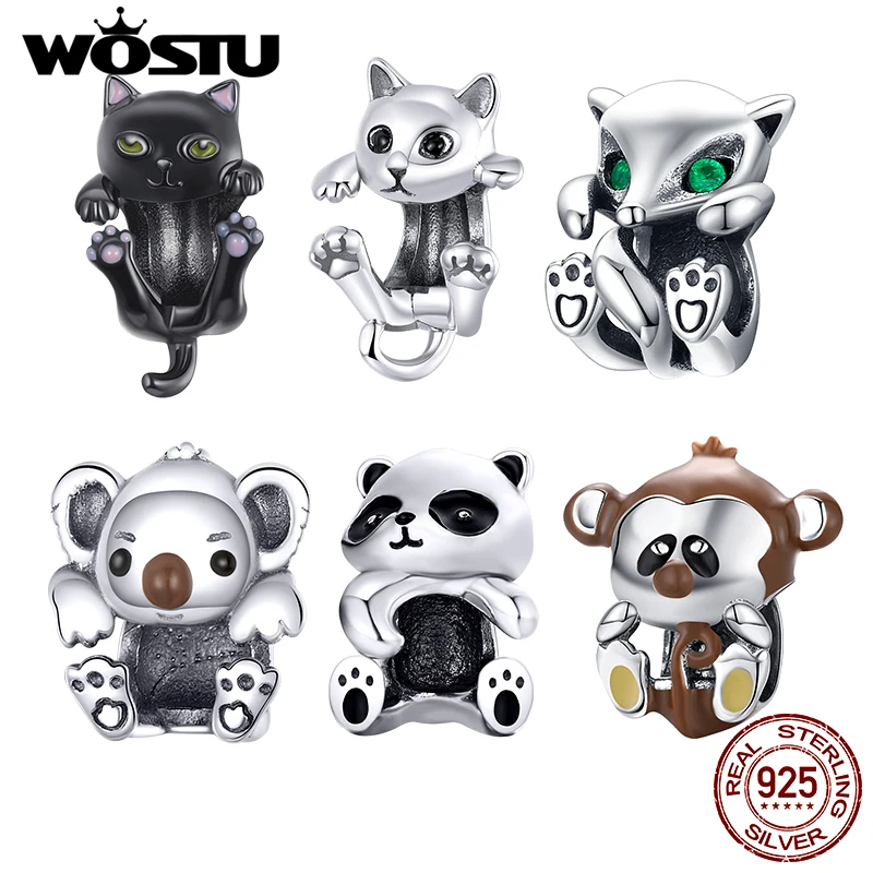 

WOSTU 925 Sterling Silver Cute Cat Fox Panda Beads Charms Pendant Fit Original Bracelets Women Party Fashion DIY Jewelry Gift