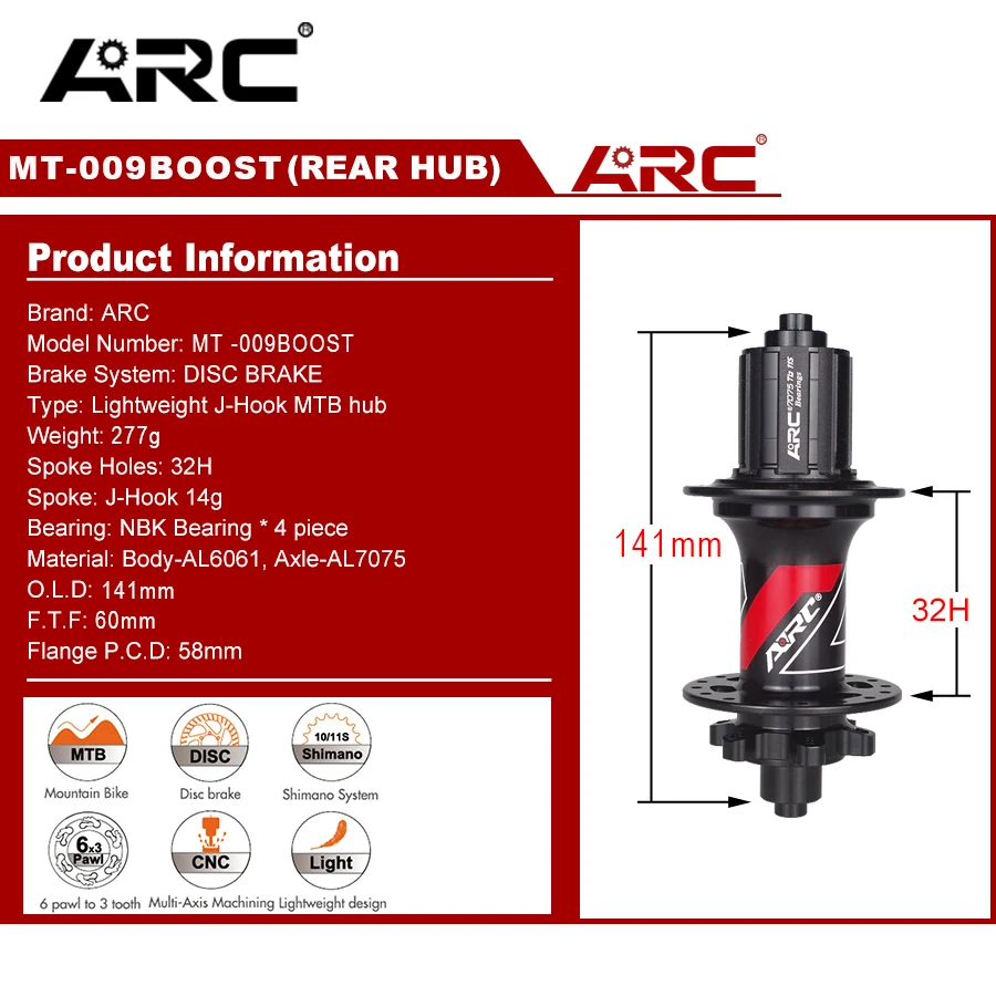 ARC MT-009 Boost MTB Mountain Bike Hub Cube 32 Hole MTB 141mm 28/32 Bike Rear Hubs 8 9 10 11 12 Speed QR Freehub HG XD/XDR MS