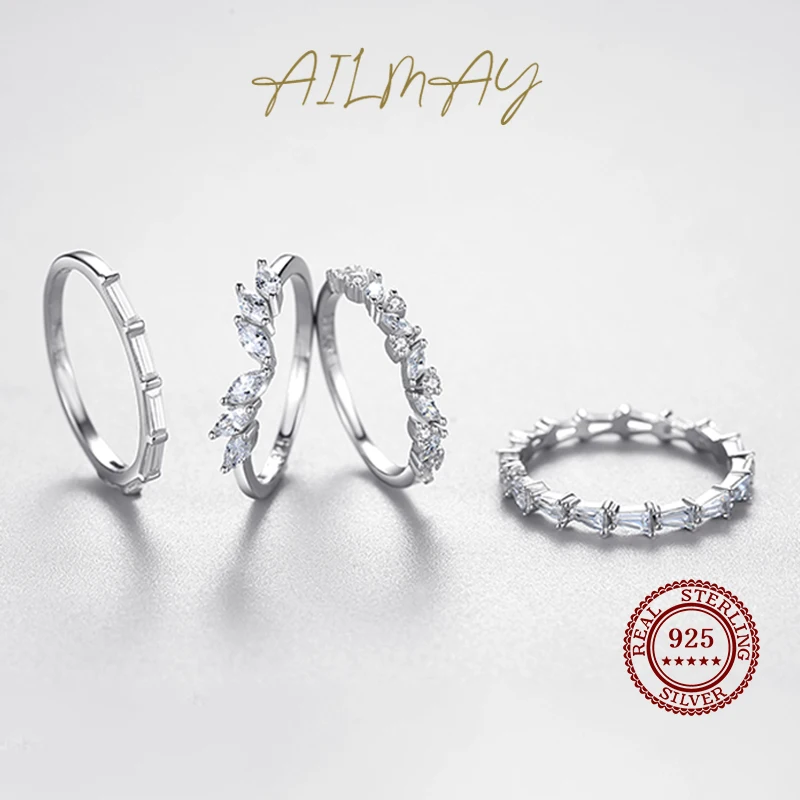 Ailmay 925 Sterling Silver Stackable Zirconia CZ Ring Simple Geometric Design Wing Finger Ring Fine Female Fashion Jewelry