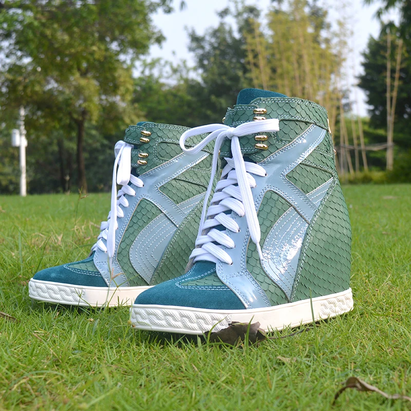 Fashion Light Blue Leather Patchwork Sneaker Women Back Zip Lace Up Height Increased Heels Round Toe High Top Casual Shoes Wome