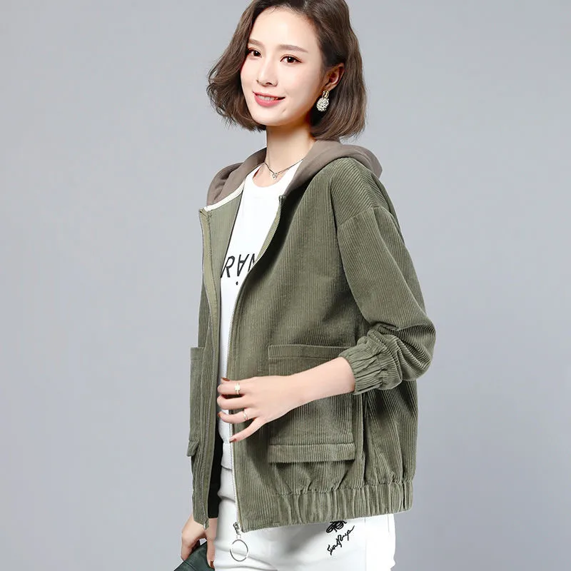 2020 Autumn New Women Jackets Corduroy Coat Streetwear Hooded Causal Windbreaker Female Zippers Jacket Outerwear Plus Size P689