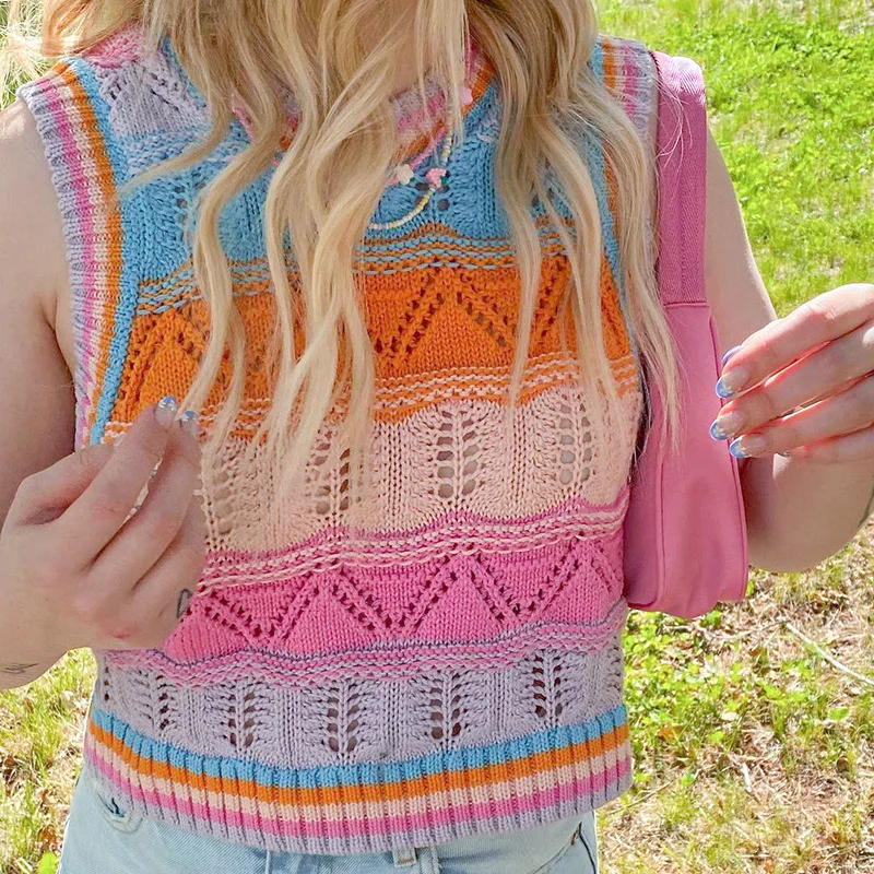 Women Sweater Vest Lovely Crop Summer Knitted Thin Breathable Hollow Out Fashion Colorful Striped Students Femme Cozy Leisure