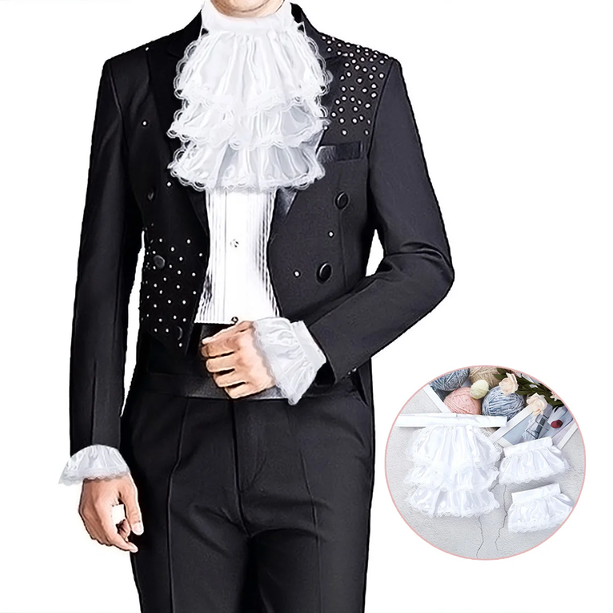 

Adults Mens Victorian Lace Jabot and Cuffs for Kids Detachable Collar Stage Party Colonial Pirate Steampunk Costume Accessory