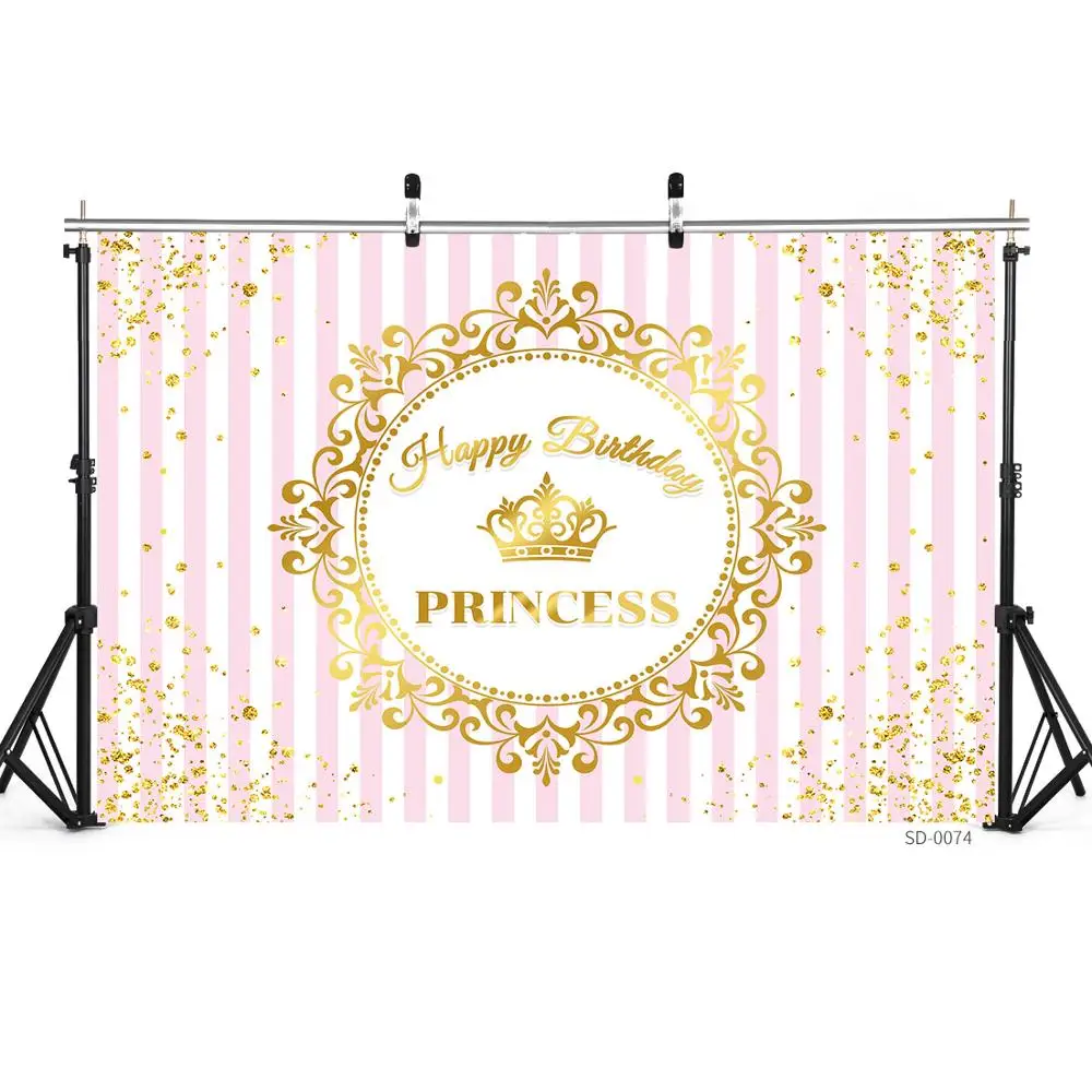 Golden Crown Flower Gold Stripe Curtain Custom Birthday Party Banner Backgrounds Girl Princess Newborn Kid Photography Backdrops