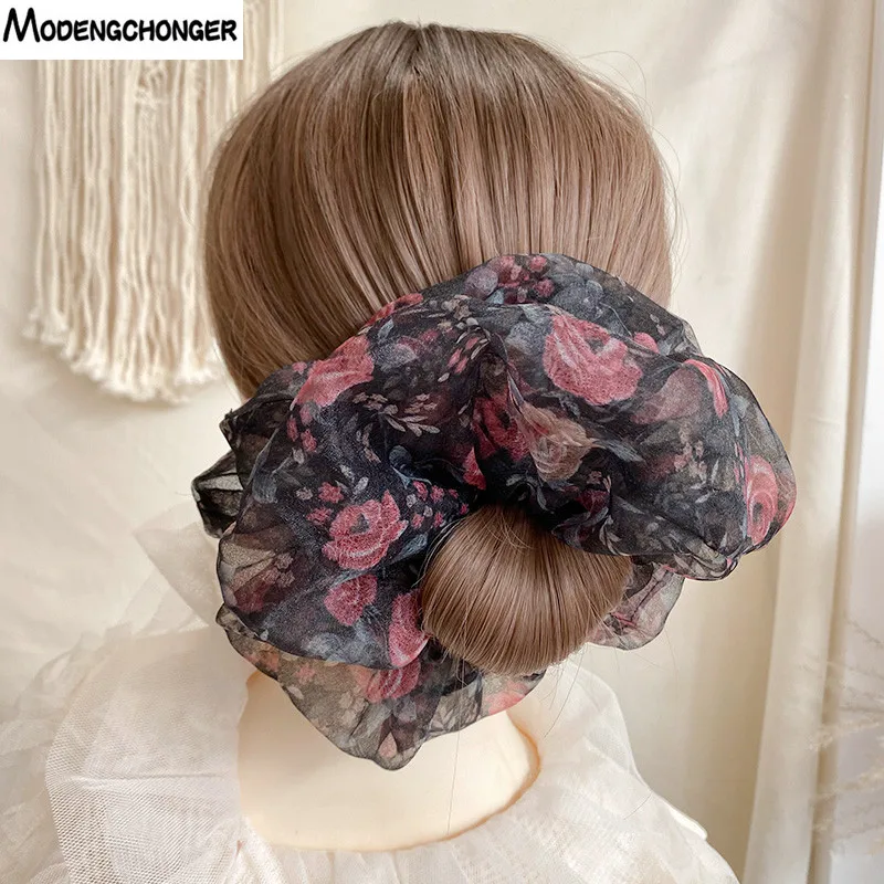 2021 New Fashion Oversized Organza Flower Large Hair Scrunchies Elastic Hair Ropes For Woman Girls Temperament Hair Accessories