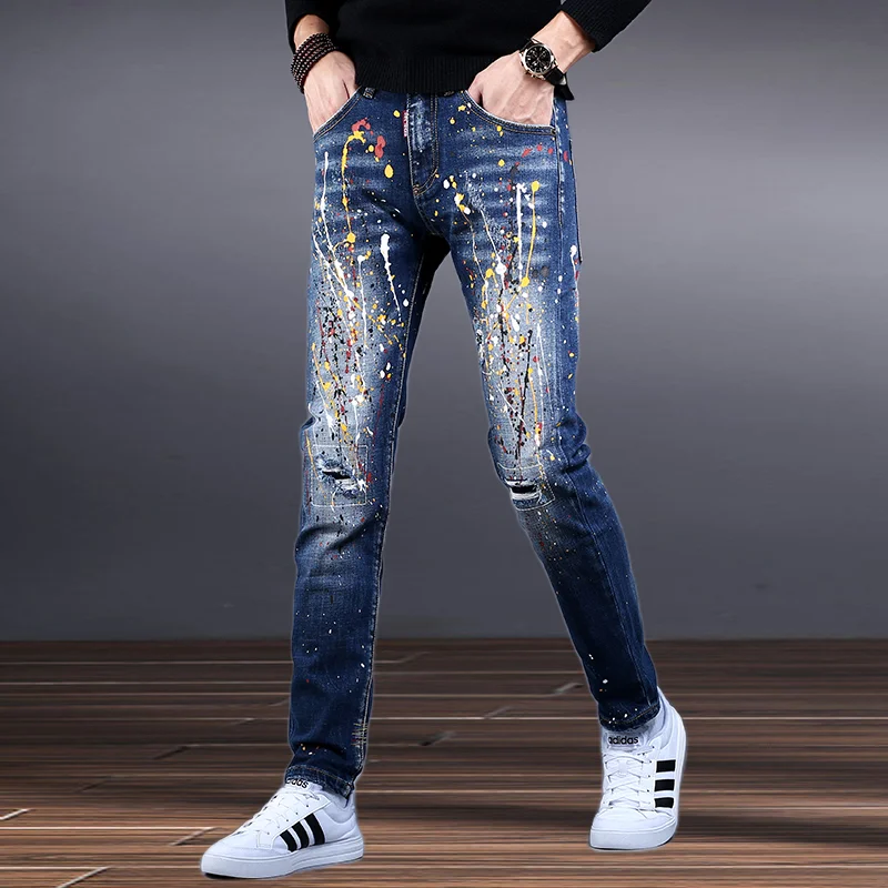 Korea Version Mens High Quality Ankle-Length Jeans, Sexy Ripped Slim Jeans,Mess Painting Print Jeans, Stylish Street Jeans;