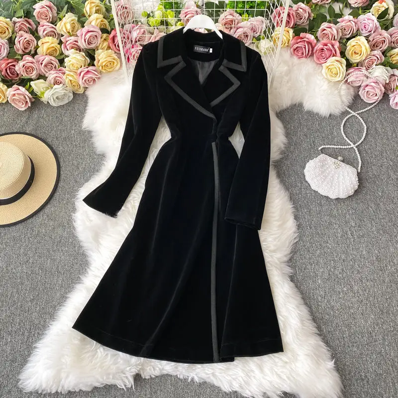 Autumn And Winter Black Velvet Blazer Dress Long Over The Knee Fashion Temperament Maxi Windbreaker Jacket Women Slim Coat M1180