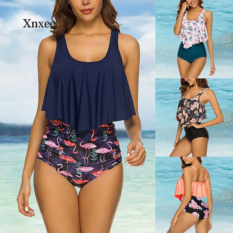 Bikini de cintura alta con volantes para mujer, traje de baño informal con estampado para playa, Tankini, ropa de baño 2021