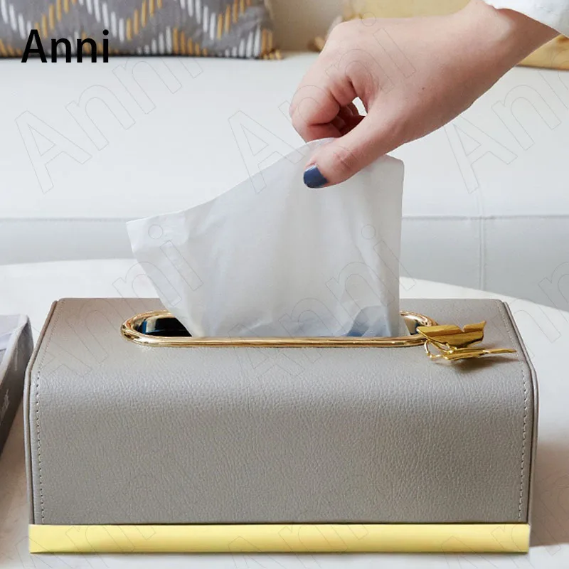 Gilded Butterfly Embellishment Tissue Boxes Nordic Modern Golden Stroke Leather Paper Towel Organization Living Room Decoration