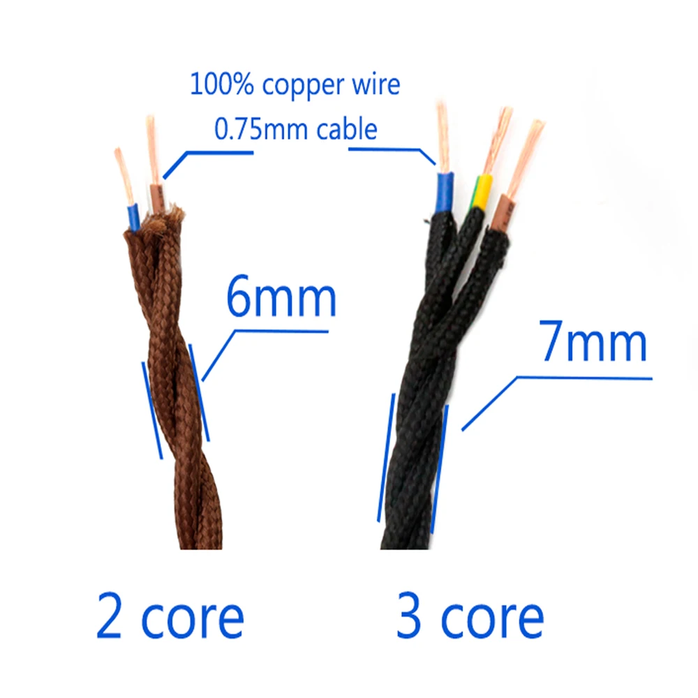 2 코어 3 코어 0.75mm 빈티지 직조 섬유 전기 와이어, 레트로 컬러 트위스트 꼰 플렉스 전원 케이블 에디슨 전기 램프 코드