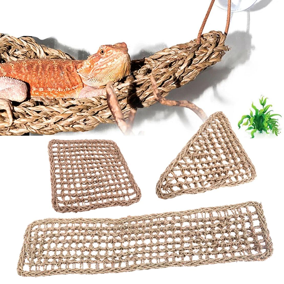 3Pcs Reptile Lizard Lounger Bearded Dragon Seaweed Hammock Swing Hanging Net For Anole Gecko Iguana Hermit Crab Light Brown