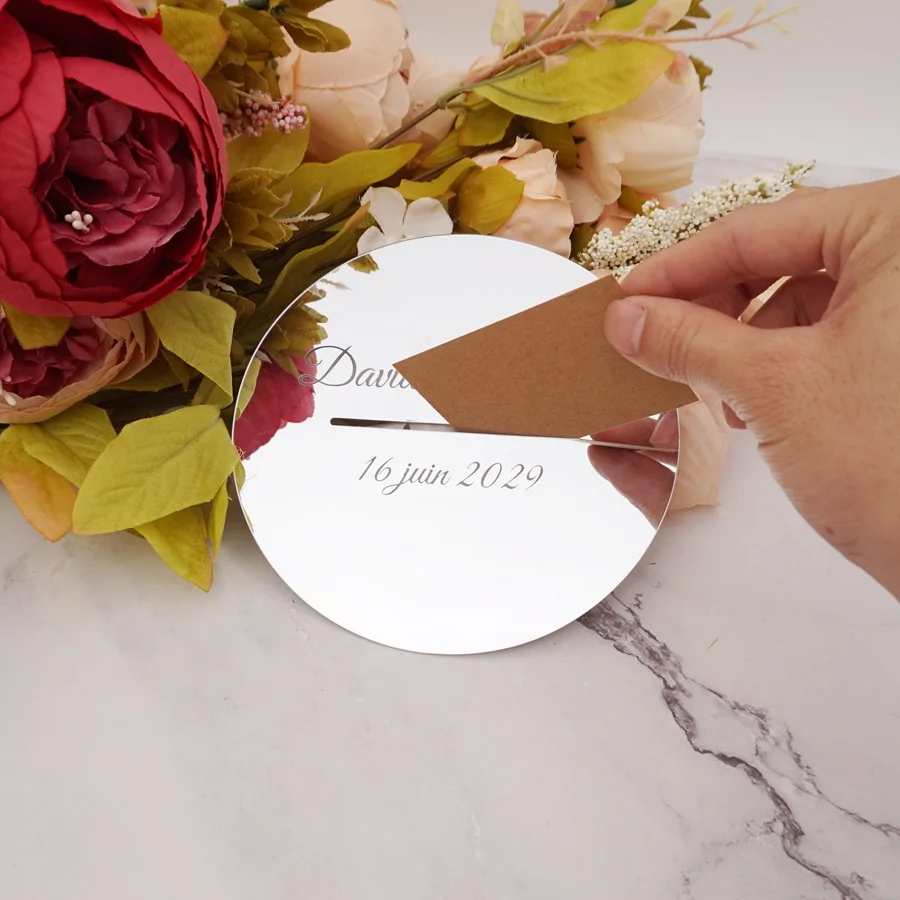 Custom Wedding Mirrored Lid Acrylic Round Boxes Cover With Long Hole For Personalized Donation Party Decor Favors