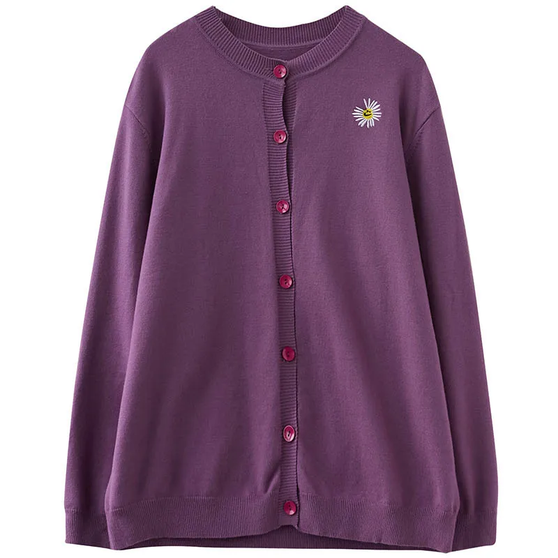 

150Kg Plus Size Bust 160cm Women's Autumn Daisy Embroidery Slim Fit Knit Sweater Cardigan Purple Black 7XL 8XL 9XL 10XL