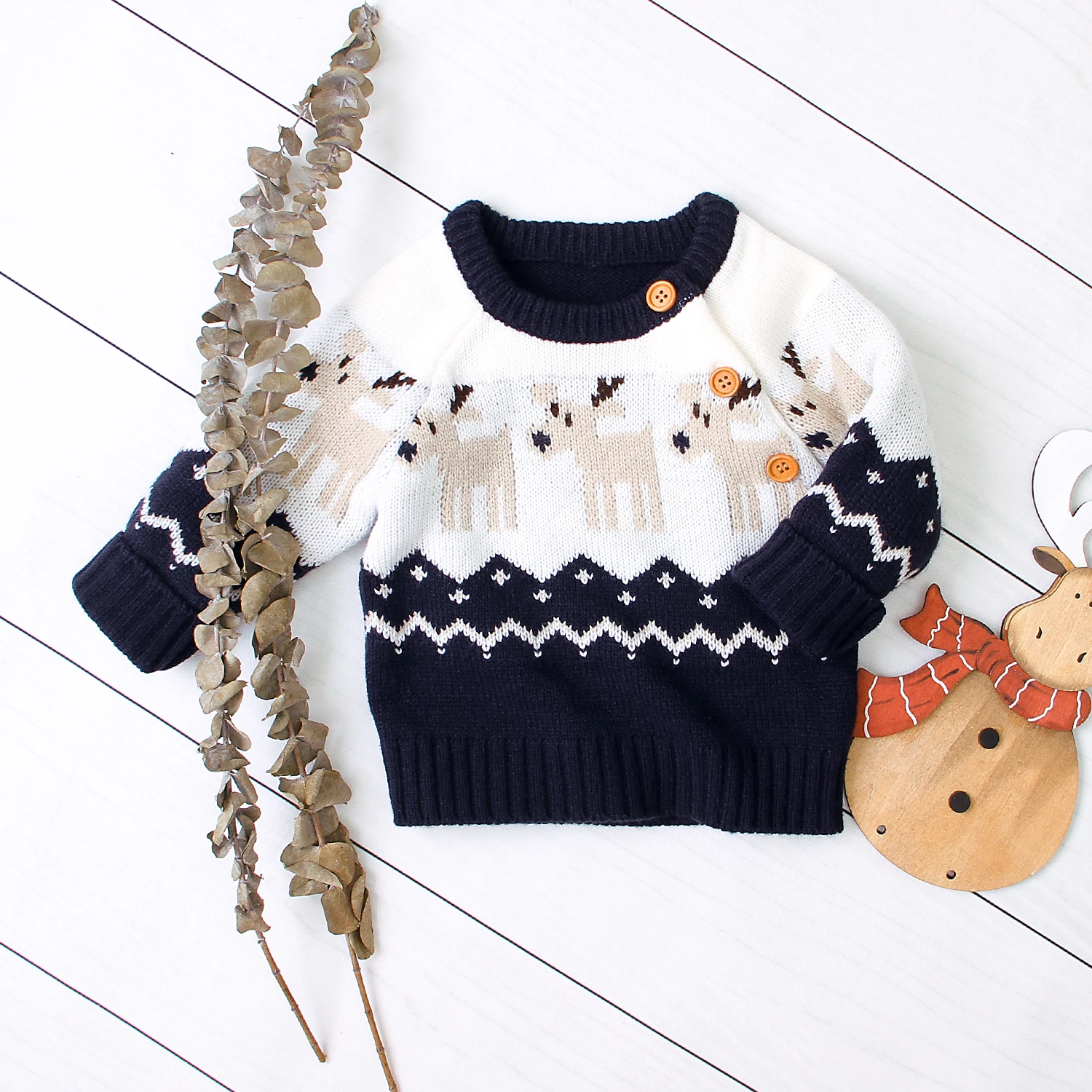 Christmas Children Girls Boy Knitted Cartoon Sweater Round Neck Long Sleeve Loose Sweater with Elk Pattern for Spring and Winter