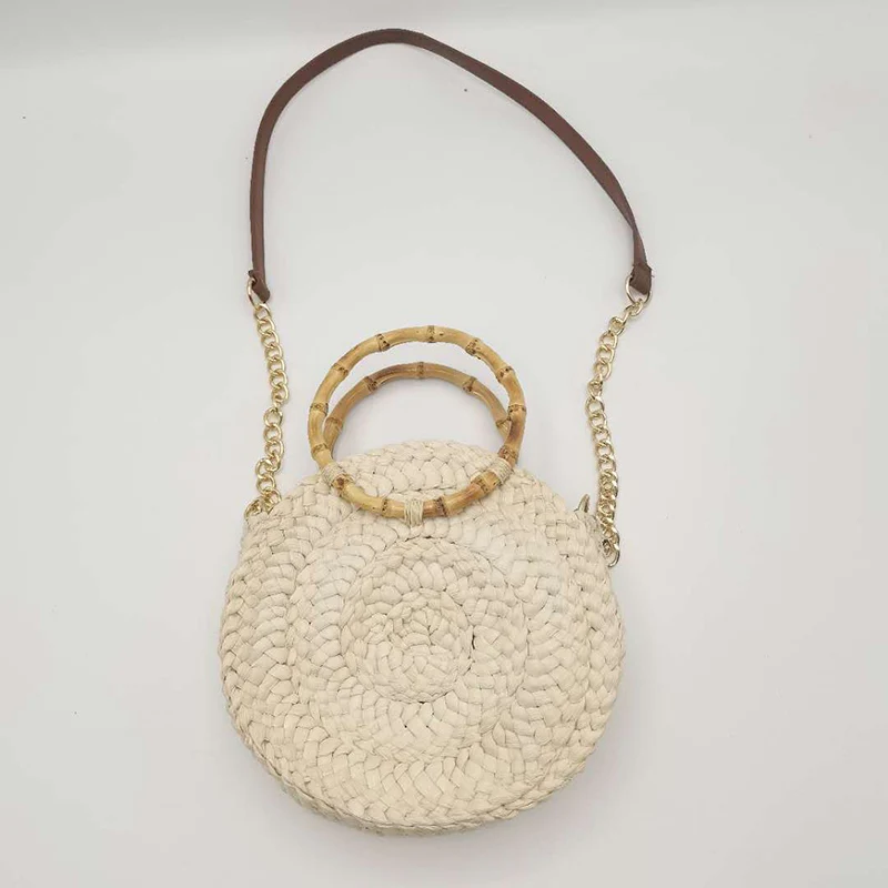 Handmade Round Women\'s Chain Crossbody Bag Bamboo Handle Handbag Bohemian Summer Beach Bags Female Woven Tote Straw Bag