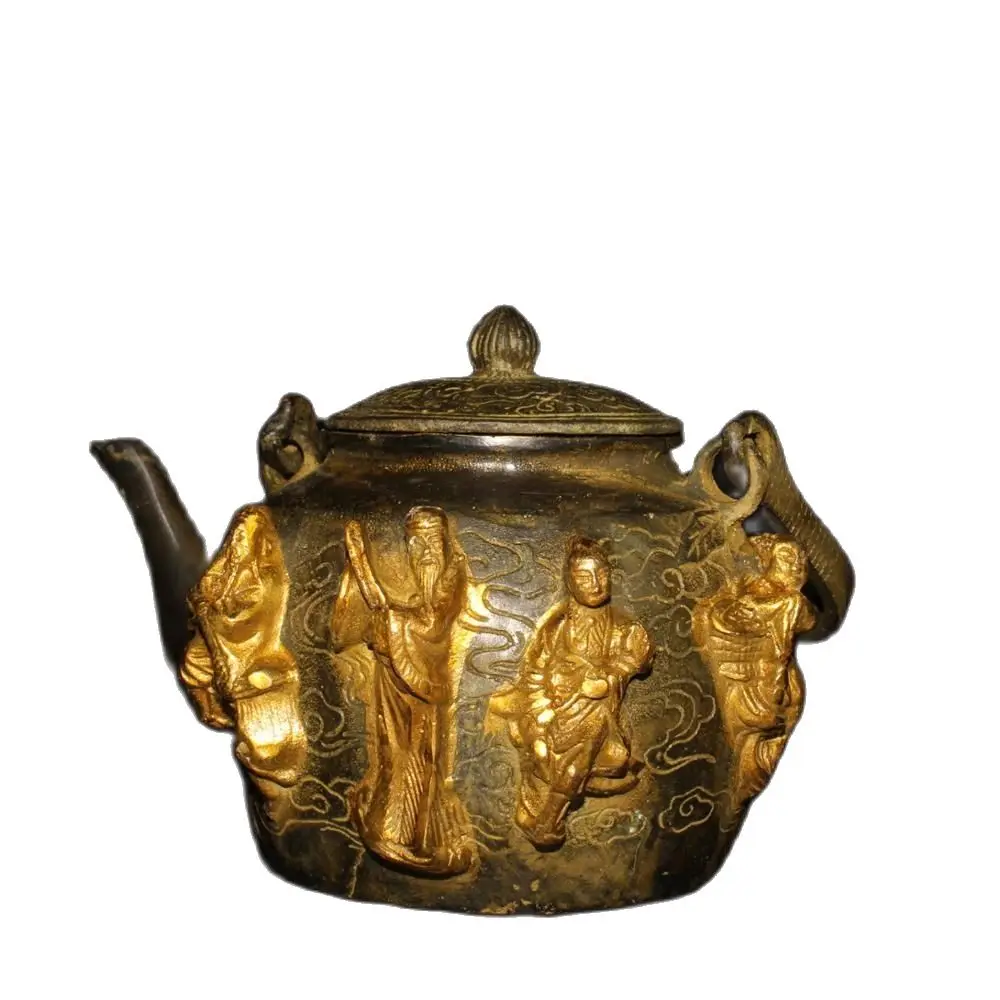 

Pure copper embossed gilt gold eight immortal teapot ornaments antique bronze teapot