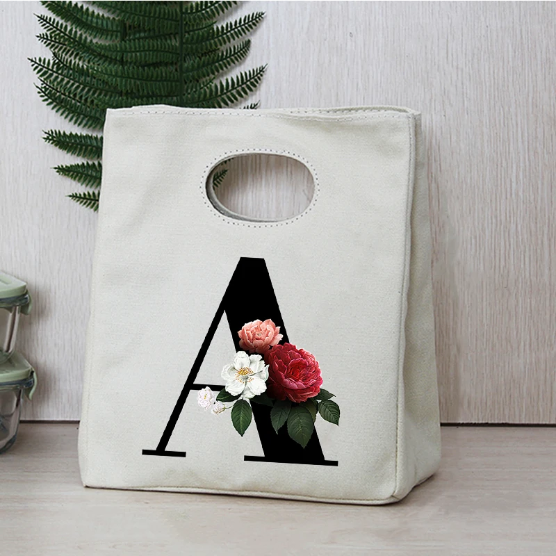 Initial Letter Print Cooler Lunch Bag Travel Picnic Food Storage Pouch Thermal Insulated Bento Box Organizer Tote for Kids Women