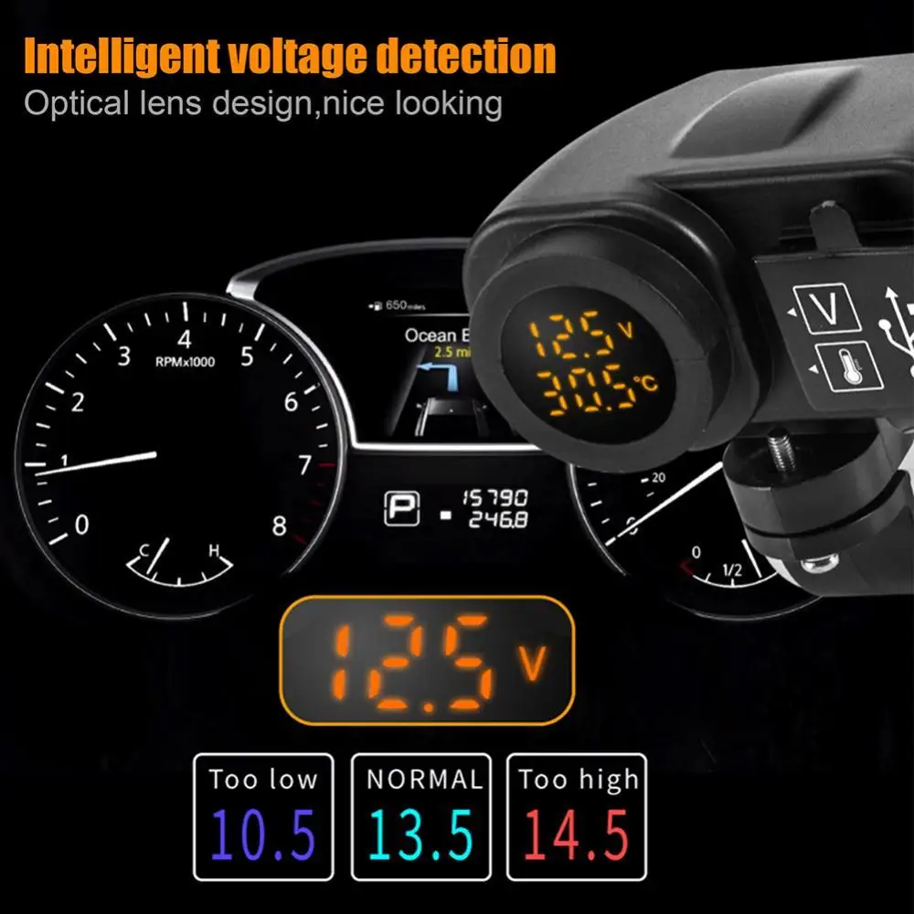 

Digital Display Motorcycle Dual USB Charger Voltmeter Thermometer for Cell Phone Waterproof Cover Handlebar Mount