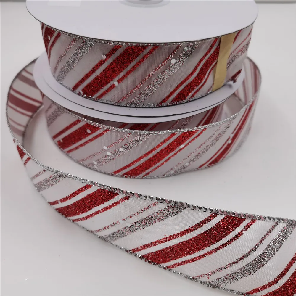 

38mm Red Silver Twill Stripe Wired Edge Ribbon for Gift Bow Wedding Cake Wrap Tree Christmas Decoration N2283