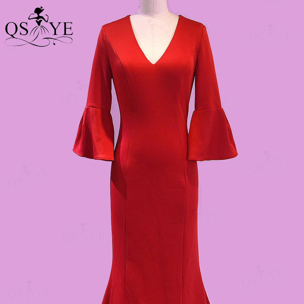 Red Mermaid Evening Dresses Elastic Flare Long Sleeves Prom Gown Simple Deep V Neck Formal Party Gown Decent Conservative Gown